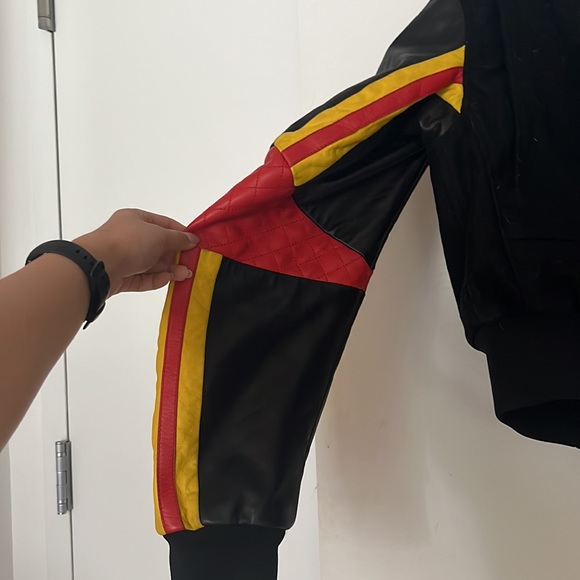Black letterman jacket moto leather sleeves. Red & yellow piping. Red elbow. - Picture 3 of 4